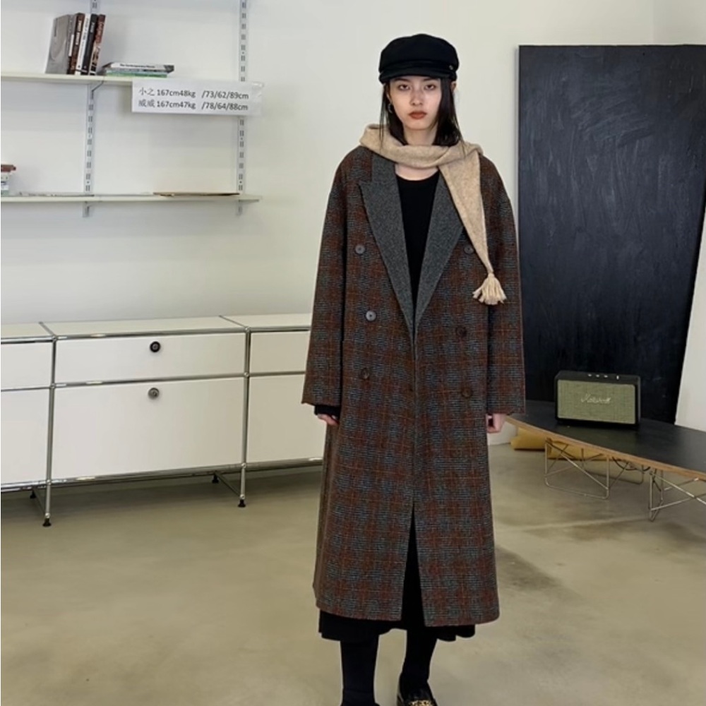 Plaid Double-Breasted Long Coat